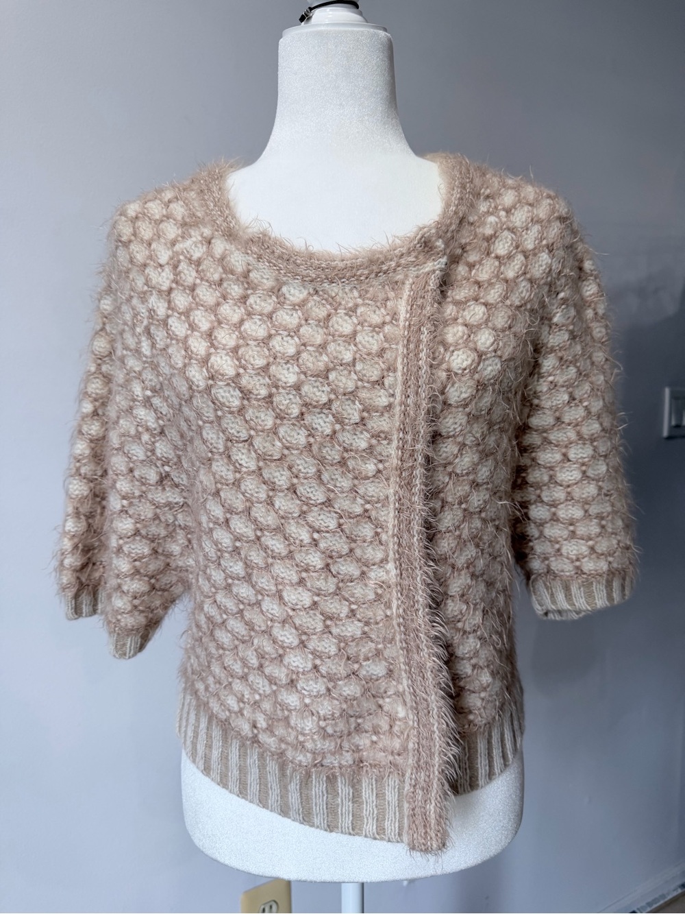 Anthropologie Beige Bubble Knit Short Sleeve Cardigan Sweater